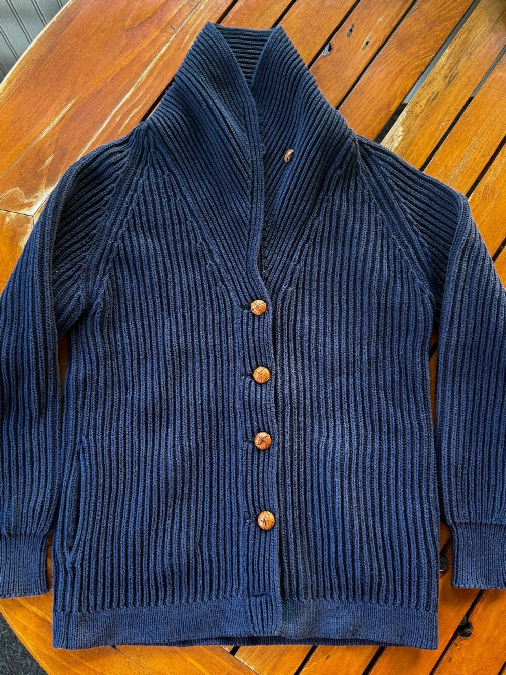 Vintage Navy Blue Chunky Rib Knit Shawl Collar Cardigan Sweater FITS LIKE XS/S